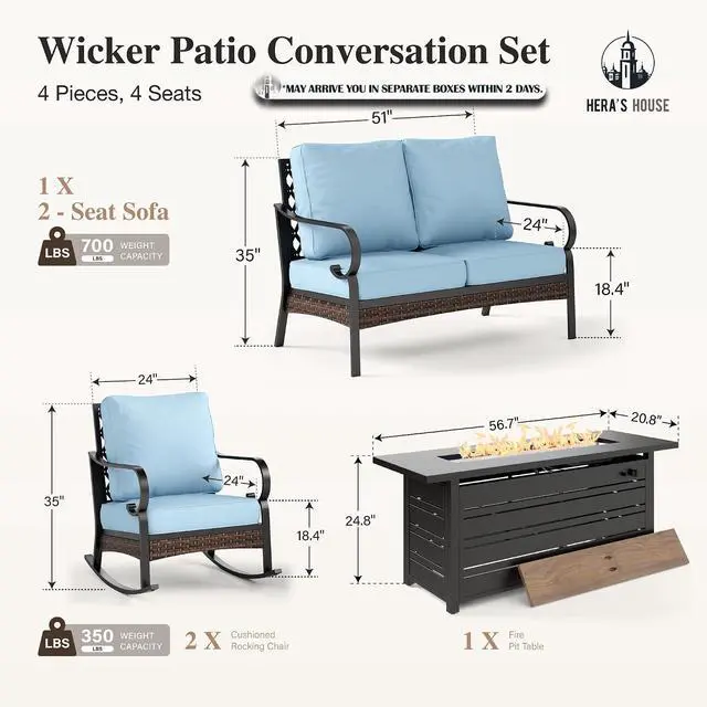 Alt view image 7 of 7 - HERA'S HOUSE 4-Piece Steel Wrought Iron Outdoor Conversation Set, 4 Seats | 56 in Fire Pit Table, Black/blue, Single chairs could support up to 350lbs