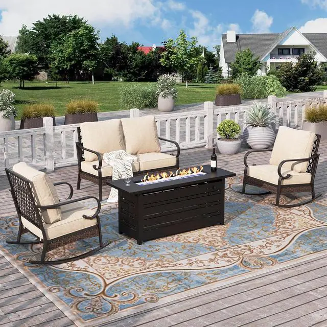 Main image of HERA'S HOUSE 4-Piece Steel Wrought Iron Outdoor Conversation Set, 4 Seats | 56 in Fire Pit Table, Black/beige, Single chairs could support up to 350lbs