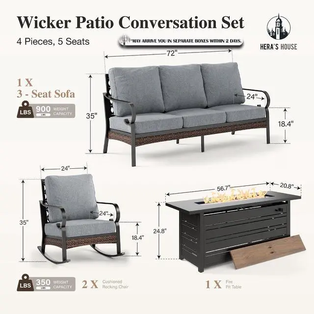 Alt view image 6 of 7 - HERA'S HOUSE 4-Piece Steel Wrought Iron Outdoor Conversation Set, 5 Seats | 56 in Fire Pit Table, Black/gray, Single chairs could support up to 350lbs