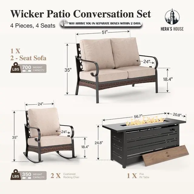 Alt view image 7 of 7 - HERA'S HOUSE 4-Piece Steel Wrought Iron Outdoor Conversation Set, 4 Seats | 56 in Fire Pit Table, Black/beige, Single chairs could support up to 350lbs