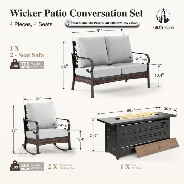 Alt view image 6 of 7 - HERA'S HOUSE 4-Piece Steel Wrought Iron Outdoor Conversation Set, 4 Seats | 56 in Fire Pit Table, Black/Light Gray, Single chairs could support up to 350lbs