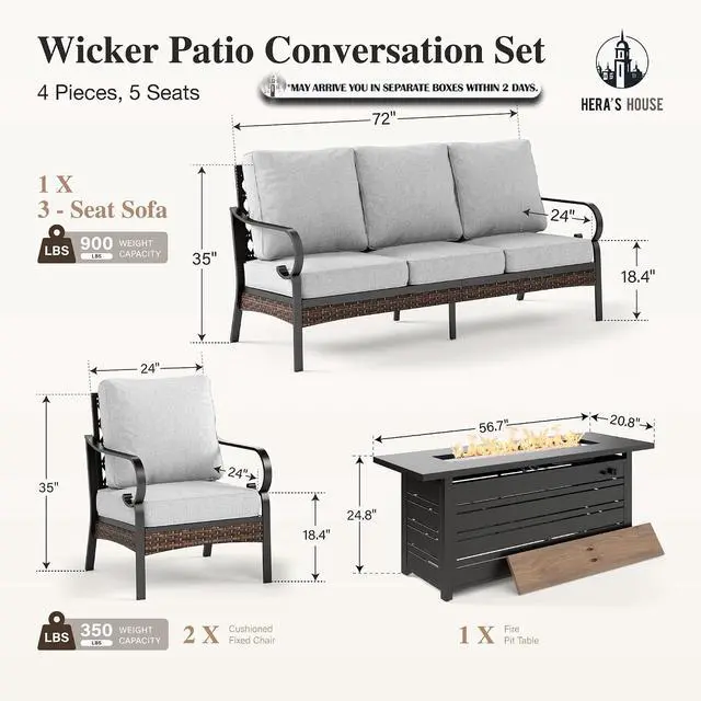 Alt view image 6 of 7 - HERA'S HOUSE 4-Piece Metal Outdoor Conversation Set, 56 in Fire Pit Table | 5 Seats, Black/Light Gray, Single chairs could support up to 350lbs