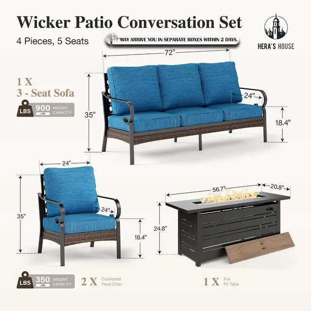 Alt view image 6 of 7 - HERA'S HOUSE 4-Piece Metal Outdoor Conversation Set, 56 in Fire Pit Table | 5 Seats, Black/Pacific Blue, Single chairs could support up to 350lbs