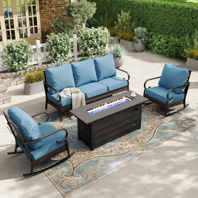 Main image of HERA'S HOUSE 4-Piece Steel Wrought Iron Outdoor Conversation Set, 5 Seats | 56 in Fire Pit Table, Black/Navy Blue, Single chairs could support up to 350lbs