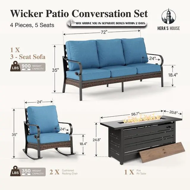 Alt view image 7 of 7 - HERA'S HOUSE 4-Piece Steel Wrought Iron Outdoor Conversation Set, 5 Seats | 56 in Fire Pit Table, Black/Navy Blue, Single chairs could support up to 350lbs