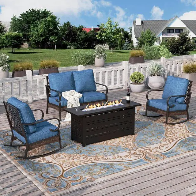 Main image of HERA'S HOUSE 4-Piece Steel Wrought Iron Outdoor Conversation Set, 4 Seats | 56 in Fire Pit Table, Black/Pacific Blue, Single chairs could support up to 350lbs