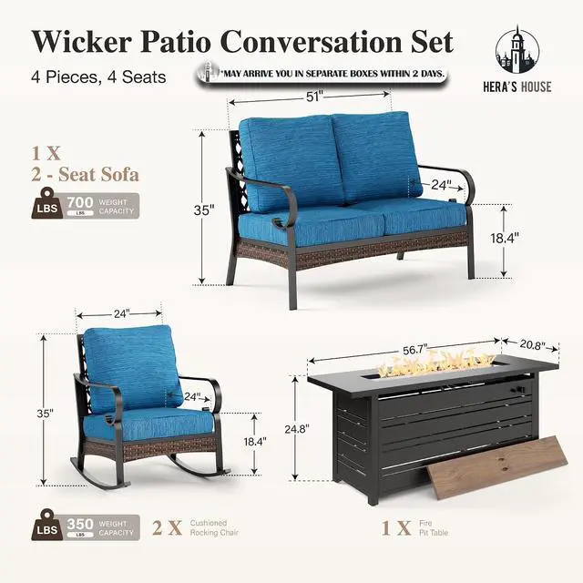 Alt view image 6 of 7 - HERA'S HOUSE 4-Piece Steel Wrought Iron Outdoor Conversation Set, 4 Seats | 56 in Fire Pit Table, Black/Pacific Blue, Single chairs could support up to 350lbs