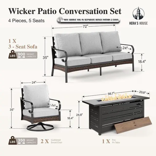 Alt view image 6 of 7 - HERA'S HOUSE 4-Piece Steel Wrought Iron Outdoor Conversation Set, 5 Seats | 56 in Fire Pit Table, Black/Light Gray, Single chairs could support up to 350lbs
