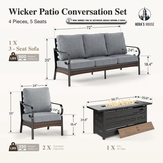 Alt view image 6 of 7 - HERA'S HOUSE 4-Piece Metal Outdoor Conversation Set, 56 in Fire Pit Table | 5 Seats, Black/gray, Single chairs could support up to 350lbs
