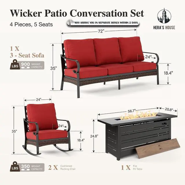 Alt view image 7 of 7 - HERA'S HOUSE 4-Piece Steel Wrought Iron Outdoor Conversation Set, 5 Seats | 56 in Fire Pit Table, Black/red, Single chairs could support up to 350lbs