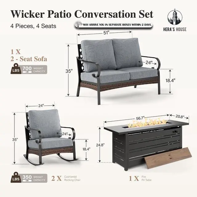 Alt view image 6 of 7 - HERA'S HOUSE 4-Piece Steel Wrought Iron Outdoor Conversation Set, 4 Seats | 56 in Fire Pit Table, Black/Gray, Single chairs could support up to 350lbs