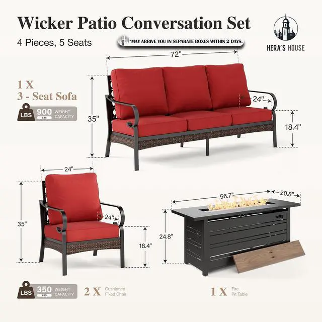 Alt view image 7 of 7 - HERA'S HOUSE 4-Piece Metal Outdoor Conversation Set, 56 in Fire Pit Table | 5 Seats, Black/red, Single chairs could support up to 350lbs