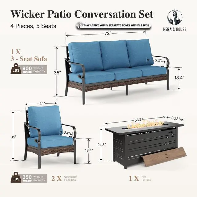 Alt view image 7 of 7 - HERA'S HOUSE 4-Piece Metal Outdoor Conversation Set, 56 in Fire Pit Table | 5 Seats, Black/Navy Blue, Single chairs could support up to 350lbs