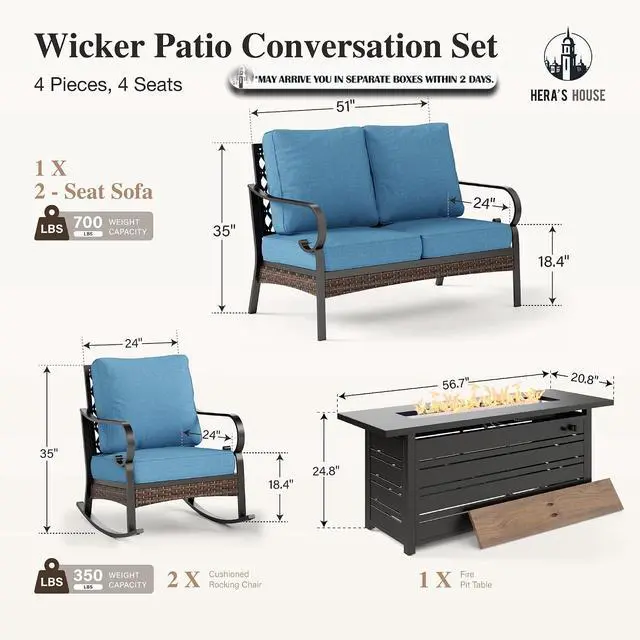 Alt view image 7 of 7 - HERA'S HOUSE 4-Piece Steel Wrought Iron Outdoor Conversation Set, 4 Seats | 56 in Fire Pit Table, Black/Navy Blue, Single chairs could support up to 350lbs
