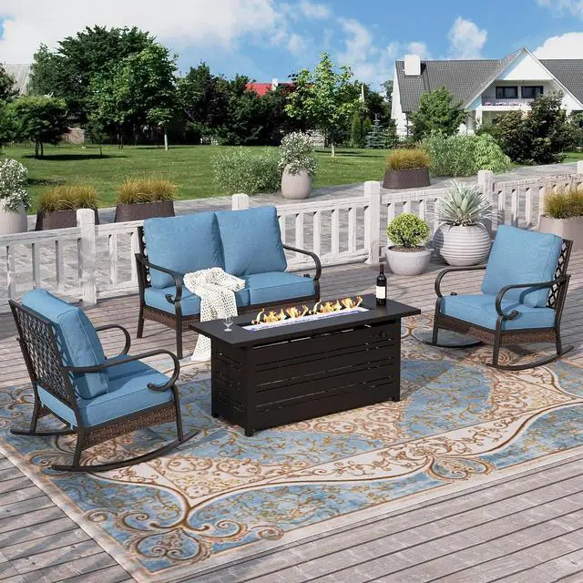 Main image of HERA'S HOUSE 4-Piece Steel Wrought Iron Outdoor Conversation Set, 4 Seats | 56 in Fire Pit Table, Black/Navy Blue, Single chairs could support up to 350lbs