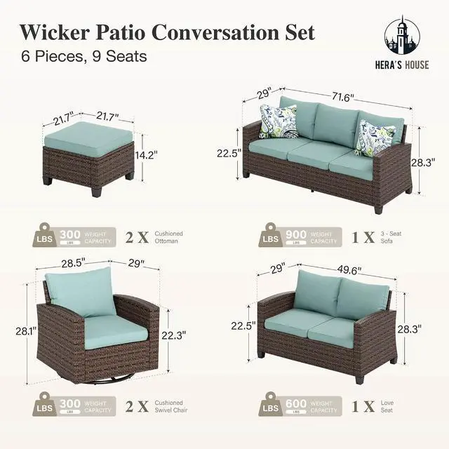 Alt view image 6 of 7 - HERA'S HOUSE Patio Conversation Sets with Swivel Glide Chairs, Outdoor Wicker Furniture Outside Sofa Sets with 4" Thick Cushions for Backyard Deck Porch,Blue