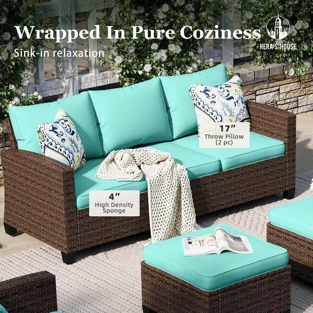 Alt view image 5 of 7 - HERA'S HOUSE Patio Conversation Sets with Swivel Glide Chairs, Outdoor Wicker Furniture Outside Sofa Sets with 4" Thick Cushions for Backyard Deck Porch,Blue