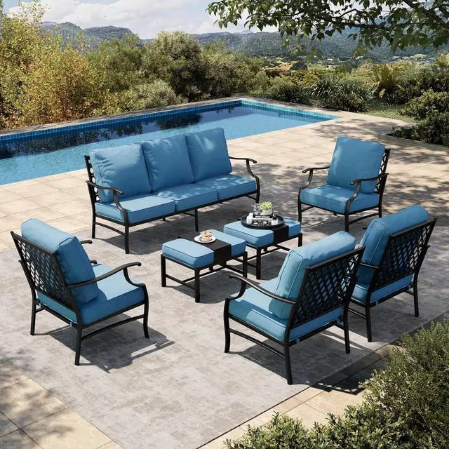 Main image of HERA'S HOUSE 7-Piece Metal Patio Conversation Set, 9-Seat, Navy Blue | 4 Chairs, 2 Ottomans, 1 3-Seat Sofa, Ottomans, All-Weather, For Garden, Deck, Backyard