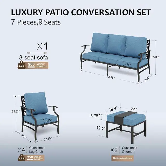Alt view image 6 of 7 - HERA'S HOUSE 7-Piece Metal Patio Conversation Set, 9-Seat, Navy Blue | 4 Chairs, 2 Ottomans, 1 3-Seat Sofa, Ottomans, All-Weather, For Garden, Deck, Backyard