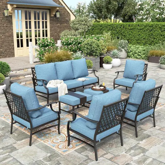 Alt view image 7 of 7 - HERA'S HOUSE 7-Piece Metal Patio Conversation Set, 9-Seat, Navy Blue | 4 Chairs, 2 Ottomans, 1 3-Seat Sofa, Ottomans, All-Weather, For Garden, Deck, Backyard
