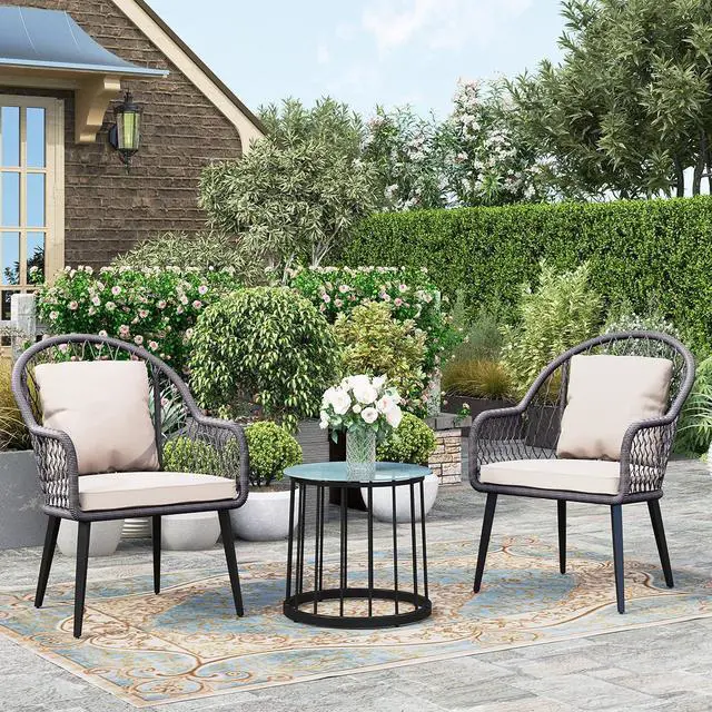 Main image of HERA'S HOUSE 3 Pieces Patio Bistro Set, Outdoor Cushioned Chairs with Tempered Glass Top Coffee Table, Luxury Rattan Conversation Furniture Set for Backyard, Balcony