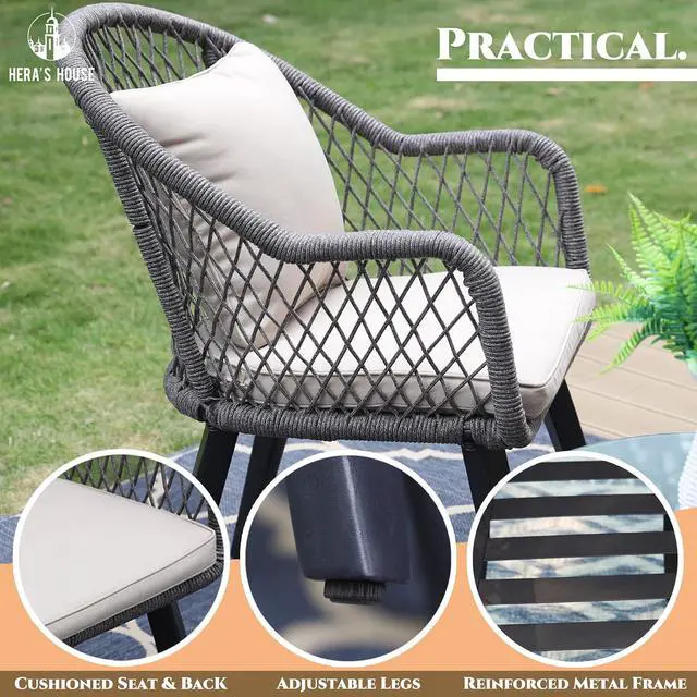 Alt view image 4 of 6 - HERA'S HOUSE 3 Pieces Patio Bistro Set, Outdoor Cushioned Chairs with Tempered Glass Top Coffee Table, Luxury Rattan Conversation Furniture Set for Backyard, Balcony