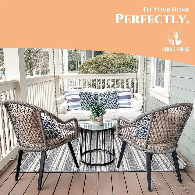 Alt view image 6 of 6 - HERA'S HOUSE 3 Pieces Patio Bistro Set, Outdoor Cushioned Chairs with Tempered Glass Top Coffee Table, Luxury Rattan Conversation Furniture Set for Backyard, Balcony