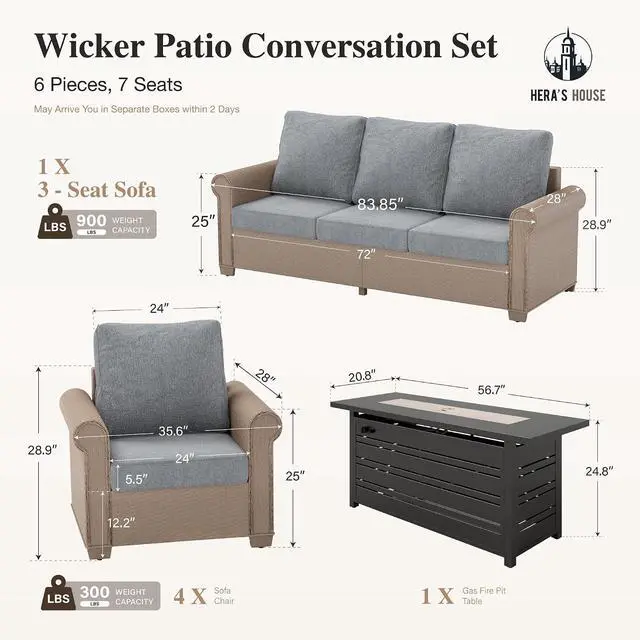 Alt view image 7 of 7 - HERA'S HOUSE 6-Piece Patio Furniture Set, Grey | 6 PCS Set/Fire Pit Table Size, Comfortable Seating & Vintage DesignThis patio conversation set features 5