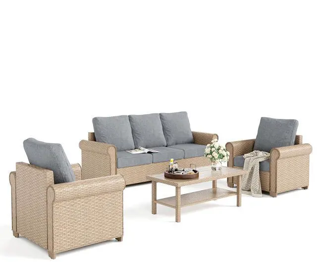 Main image of HERA'S HOUSE 4-Piece Patio Furniture Set, All Weather 5 Seats Outdoor Wicker Sofa with 44" Coffee Table, 5.5" Thick Waterproof Cushion Conversation Couch Set for Garden Deck Backyard, Grey