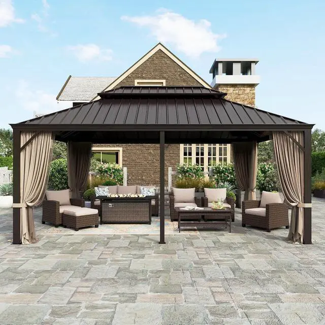 Main image of 12'x18' Hardtop Aluminum Gazebo, Permanent Outdoor Canopy with Galvanized Steel Double Roof Heavy Duty Pavilion with Curtains and Netting for Garden Patio Lawn Deck
