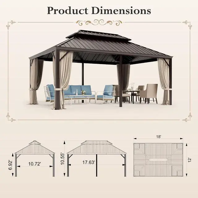 Alt view image 2 of 7 - 12'x18' Hardtop Aluminum Gazebo, Permanent Outdoor Canopy with Galvanized Steel Double Roof Heavy Duty Pavilion with Curtains and Netting for Garden Patio Lawn Deck