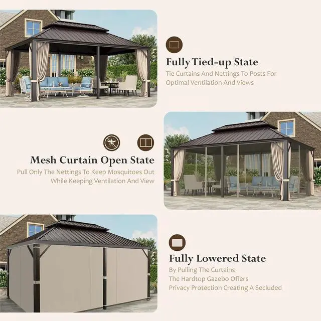 Alt view image 3 of 7 - 12'x18' Hardtop Aluminum Gazebo, Permanent Outdoor Canopy with Galvanized Steel Double Roof Heavy Duty Pavilion with Curtains and Netting for Garden Patio Lawn Deck