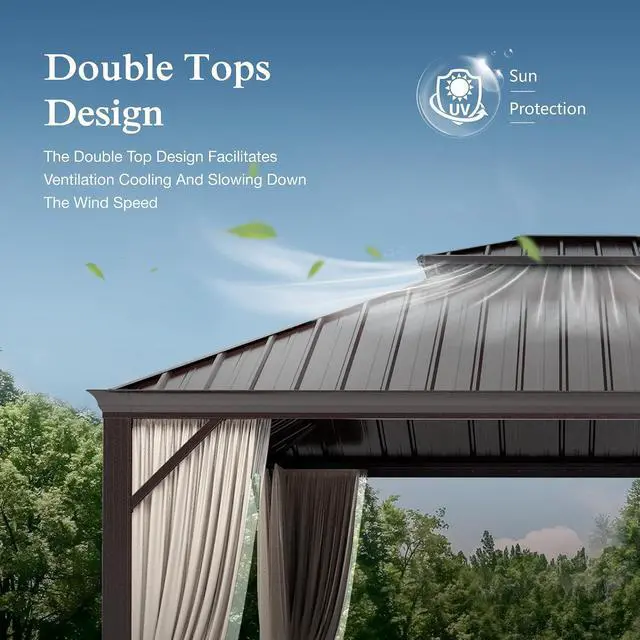 Alt view image 5 of 7 - 12'x18' Hardtop Aluminum Gazebo, Permanent Outdoor Canopy with Galvanized Steel Double Roof Heavy Duty Pavilion with Curtains and Netting for Garden Patio Lawn Deck