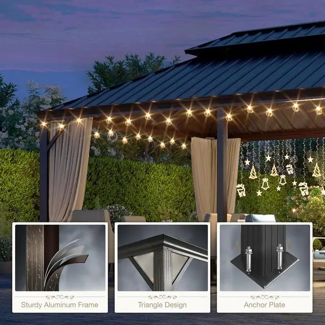 Alt view image 6 of 7 - 12'x18' Hardtop Aluminum Gazebo, Permanent Outdoor Canopy with Galvanized Steel Double Roof Heavy Duty Pavilion with Curtains and Netting for Garden Patio Lawn Deck