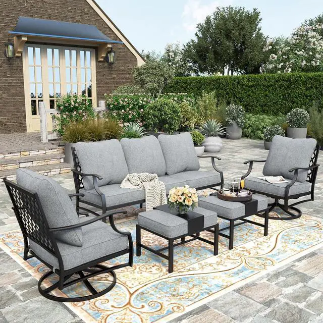Main image of HERA'S HOUSE 5 Piece Patio Furniture Set, 2 x Swivel Chair, 2 x Ottoman, 1 x 3-Seat Sofa, All Cushioned 7 Seats Outdoor Conversation Set for Lawn Garden Backyard, Grey