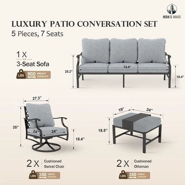 Alt view image 6 of 7 - HERA'S HOUSE 5 Piece Patio Furniture Set, 2 x Swivel Chair, 2 x Ottoman, 1 x 3-Seat Sofa, All Cushioned 7 Seats Outdoor Conversation Set for Lawn Garden Backyard, Grey