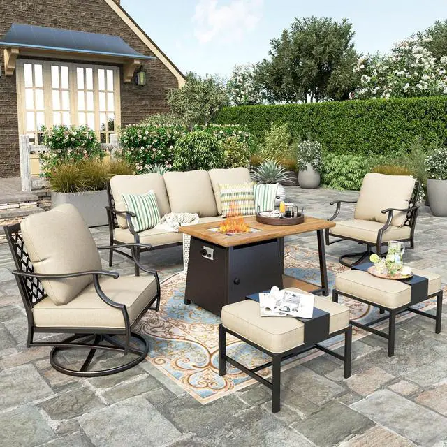 Main image of HERA'S HOUSE 6 PCS Patio Furniture Set with Fire Pit Table, 2 x Ottoman | 6 PCS Set Size, Swivel Chairs + Ottoman + Wood Like Table Color, Modern Style