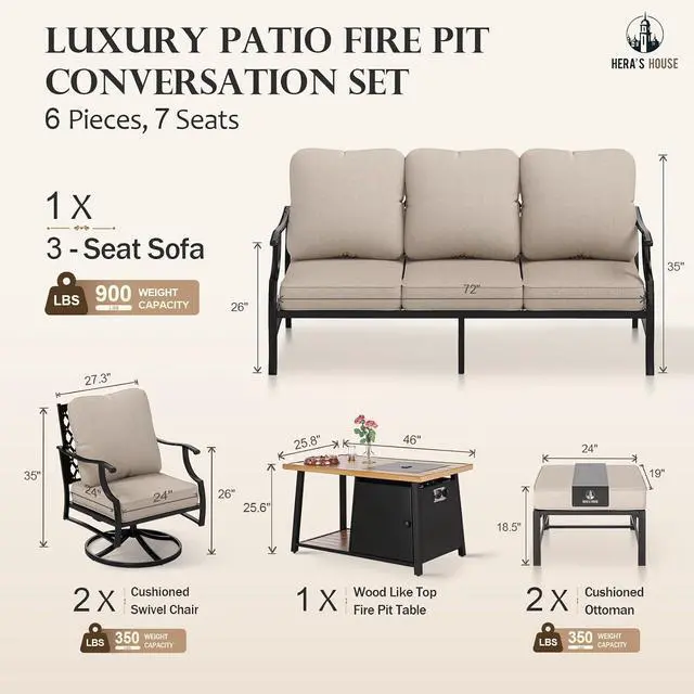 Alt view image 6 of 7 - HERA'S HOUSE 6 PCS Patio Furniture Set with Fire Pit Table, 2 x Ottoman | 6 PCS Set Size, Swivel Chairs + Ottoman + Wood Like Table Color, Modern Style