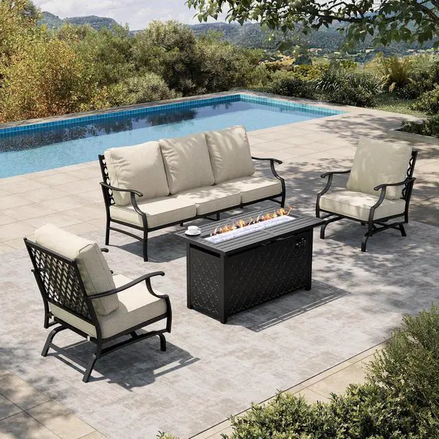Main image of HERA'S HOUSE 4 Pieces Patio Furniture Set with Fire Pit Table, 2 x Rocking Chair, 3-Seat Sofa with 45" Fire Pit Table, Outdoor Conversation Set for Garden, Poolside, Backyard