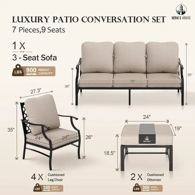 Alt view image 6 of 7 - HERA'S HOUSE 7 PCS Patio Furniture Set, 4 x Metal Cushioned Chair | 9 Seats Size, Beige Leg Chair Color, Modern Style, CUSHIONED CHAIRS AND SOFA FOR UPGRADED COMFORT WITH OTTOMAN5