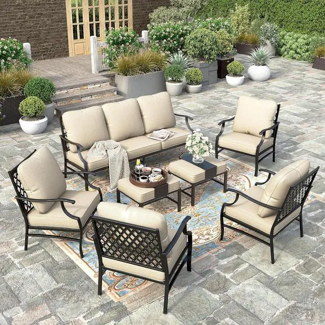 Main image of HERA'S HOUSE 7 PCS Patio Furniture Set, 4 x Metal Cushioned Chair | 9 Seats Size, Beige Leg Chair Color, Modern Style, CUSHIONED CHAIRS AND SOFA FOR UPGRADED COMFORT WITH OTTOMAN5