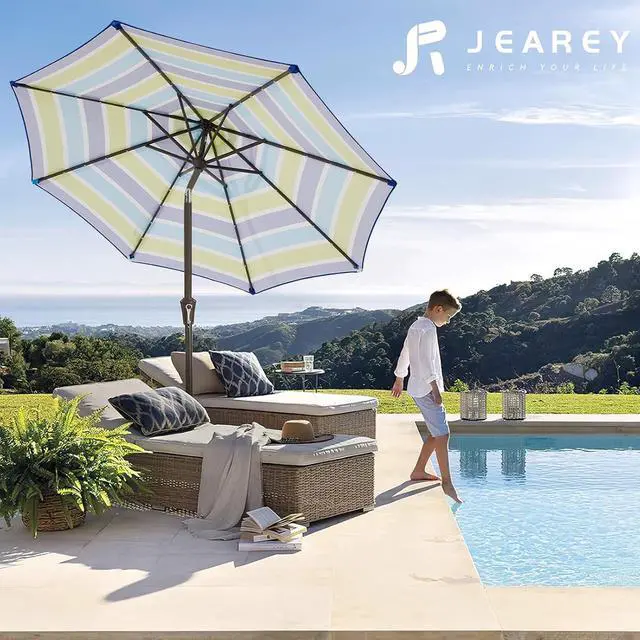 Alt view image 4 of 7 - JEAREY 9FT Outdoor Patio Umbrella, Bold Blue & Green Stripe | Outdoor Table Umbrellas with 8 Sturdy, Tilt & Crank UV Protection Waterproof for Garden, Deck, Backyard, Pool