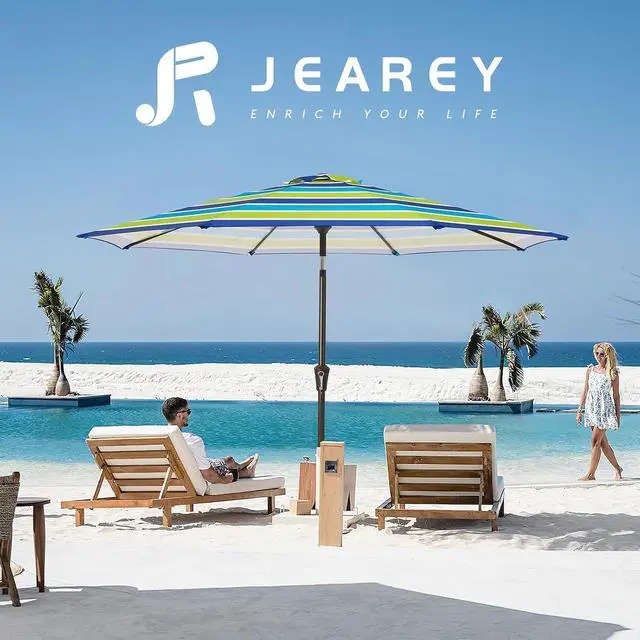 Alt view image 6 of 7 - JEAREY 9FT Outdoor Patio Umbrella, Bold Blue & Green Stripe | Outdoor Table Umbrellas with 8 Sturdy, Tilt & Crank UV Protection Waterproof for Garden, Deck, Backyard, Pool