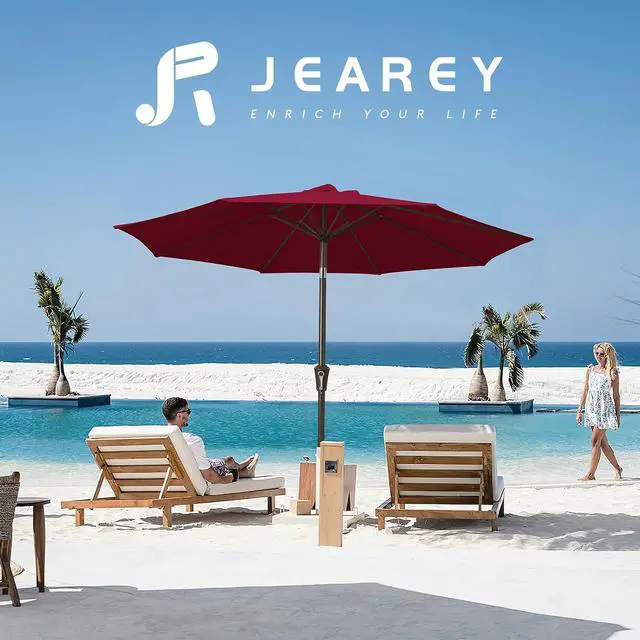 Alt view image 6 of 7 - JEAREY 9FT Outdoor Patio Umbrella, Market Umbrella, Dark Red | Outdoor Table Umbrellas with 8 Sturdy, Tilt & Crank UV Protection Waterproof for Garden, Deck, Backyard, Pool