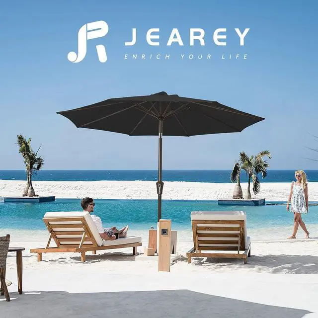 Alt view image 6 of 7 - JEAREY 9FT Outdoor Patio Umbrella, Market Umbrella, Black | Outdoor Table Umbrellas with 8 Sturdy, Tilt & Crank UV Protection Waterproof for Garden, Deck, Backyard, Pool