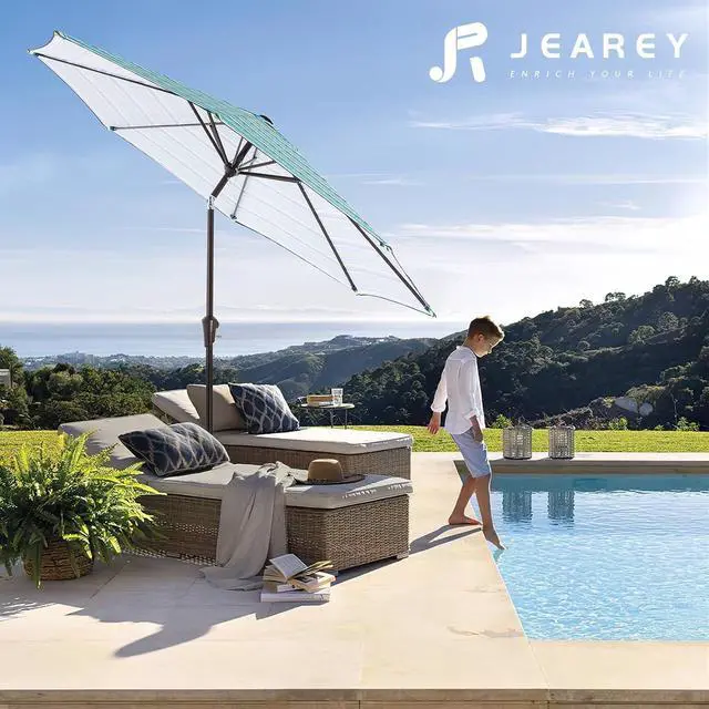 Alt view image 6 of 7 - JEAREY 9FT Outdoor Patio Umbrella, Market Umbrella, Blue Green Stripe | Outdoor Table Umbrellas with 8 Sturdy, Tilt & Crank UV Protection Waterproof for Garden, Deck, Backyard, Pool
