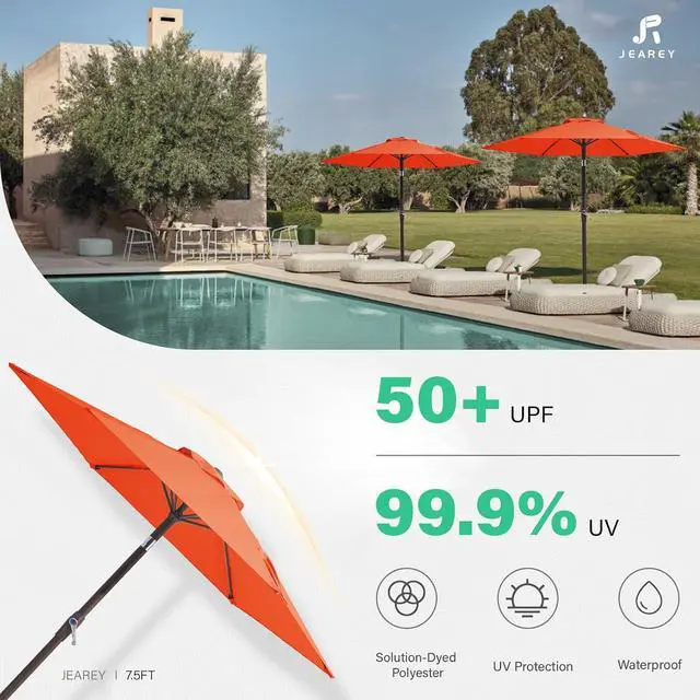 Alt view image 3 of 7 - JEAREY 7.5 ft Patio Umbrella, Market Umbrella 6-Ribs w/Tilt & Crank, Orange | 6 Sturdy Ribs, Tilt & Crank lift, Vented Canopy, Ideal for Garden, Deck, Backyard, Pool & Beach
