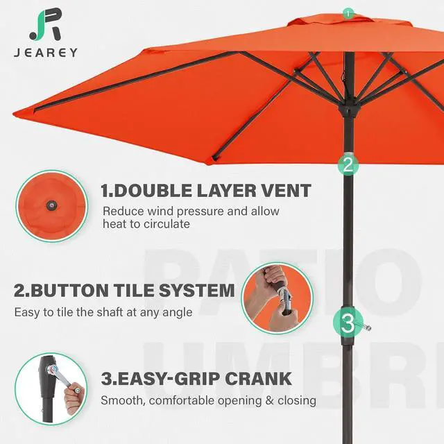 Alt view image 5 of 7 - JEAREY 7.5 ft Patio Umbrella, Market Umbrella 6-Ribs w/Tilt & Crank, Orange | 6 Sturdy Ribs, Tilt & Crank lift, Vented Canopy, Ideal for Garden, Deck, Backyard, Pool & Beach
