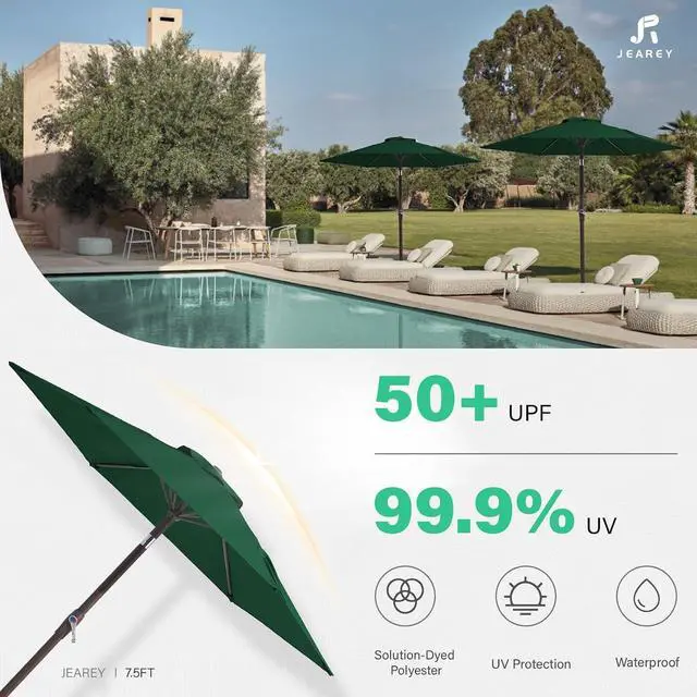 Alt view image 3 of 7 - JEAREY 7.5 ft Outdoor Patio Umbrella, Table Umbrella, Dark Green | 6 Sturdy Ribs, Tilt & Crank lift, Vented Canopy, Ideal for Garden, Deck, Backyard, Pool & Beach