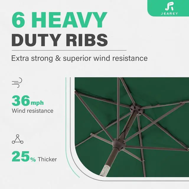 Alt view image 5 of 7 - JEAREY 7.5 ft Outdoor Patio Umbrella, Table Umbrella, Dark Green | 6 Sturdy Ribs, Tilt & Crank lift, Vented Canopy, Ideal for Garden, Deck, Backyard, Pool & Beach
